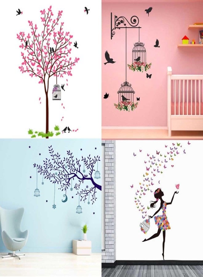 Merical Set of 4 Pink Tree Bird & Nest, Blue Tree Moon, Dreamy Girl, Branches and Cages, Wall Sticker for Wall Decor, Living Room, Children Room - Image 1